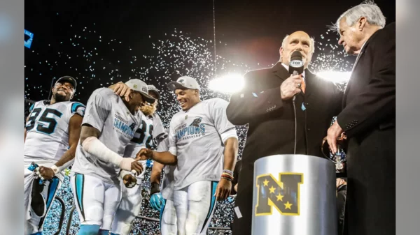 Panthers on stage following their NFC Championship win (2015 vs Cardinals).webp